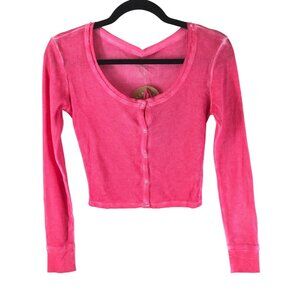 Sundown by Splendid Womens Crop Top Thermal Waffle Knit Henley Pink Scrunchie M